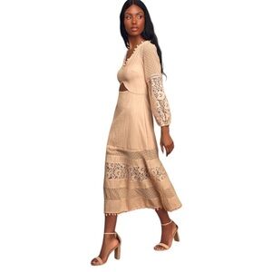 Lulu's Modern Menagerie Beige Blush Lace Pom Pom Cutout Boho Midi Dress Sz M NWT